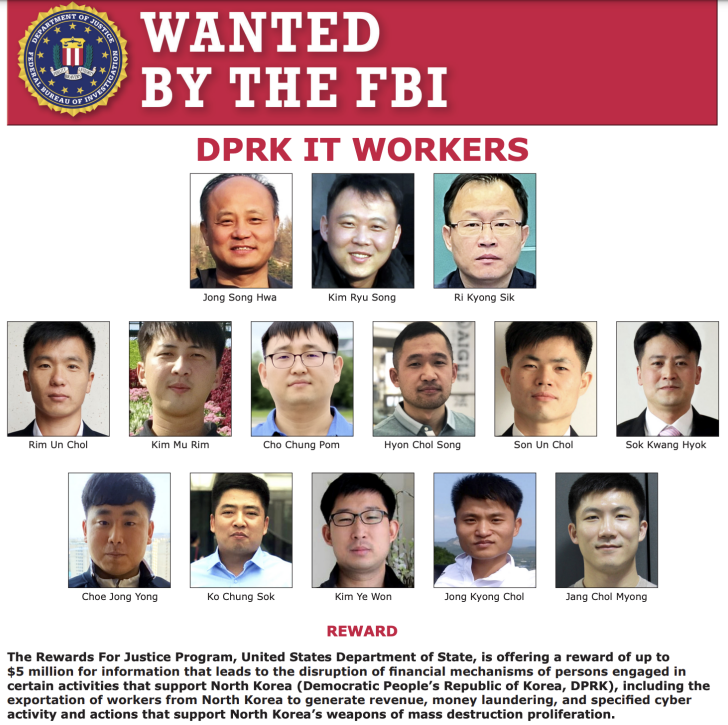 Poster ricercati dell'FBI che mostra i lavoratori IT della DPRK, tramite PCMag