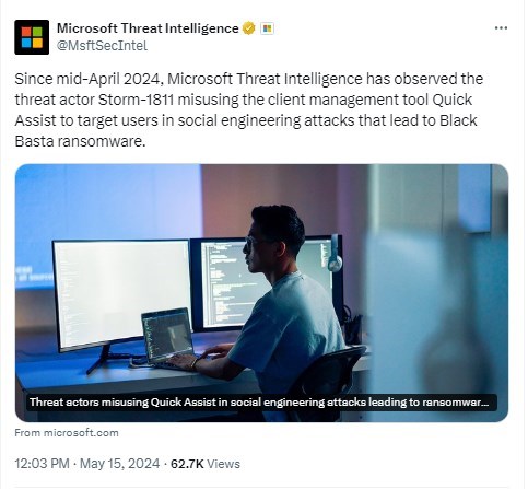 Microsoft Security Intelligence tweet on Storm-1811 and Quick Assist 