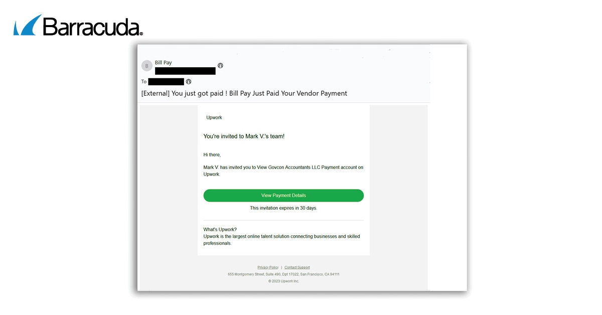 Esempio di un attacco email che impersona UpWork