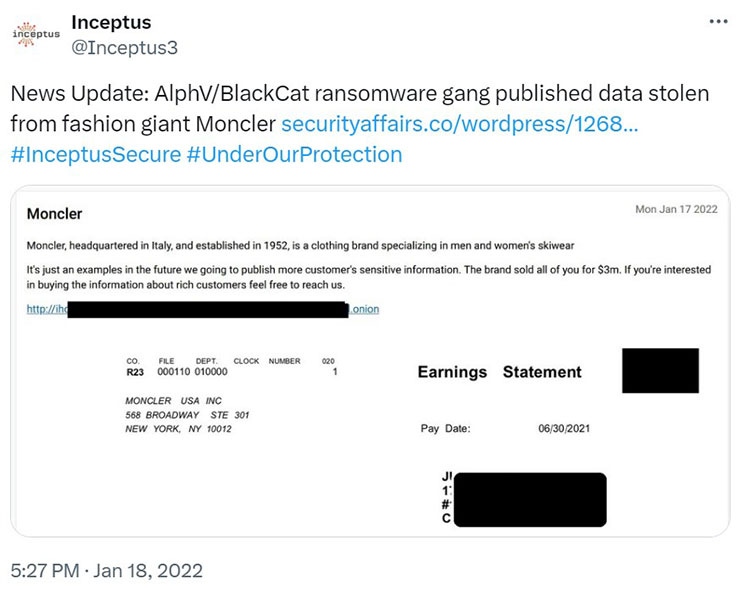 ALPHV offers Montcler data for sale