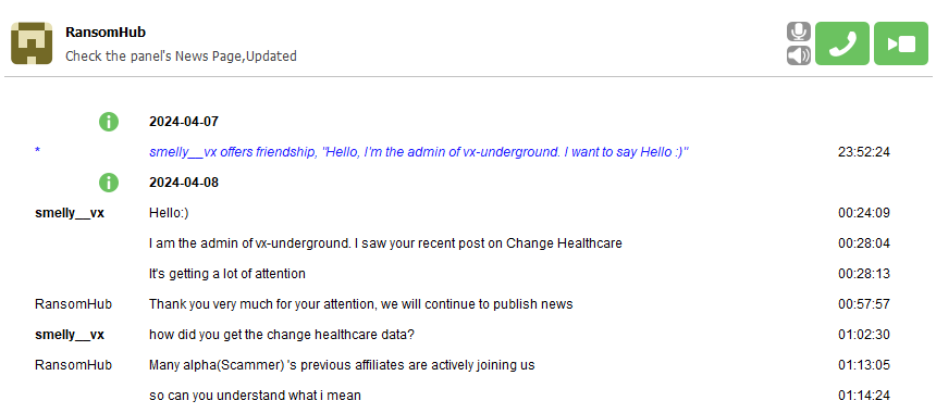 vx underground and RansomHub forum dialogue