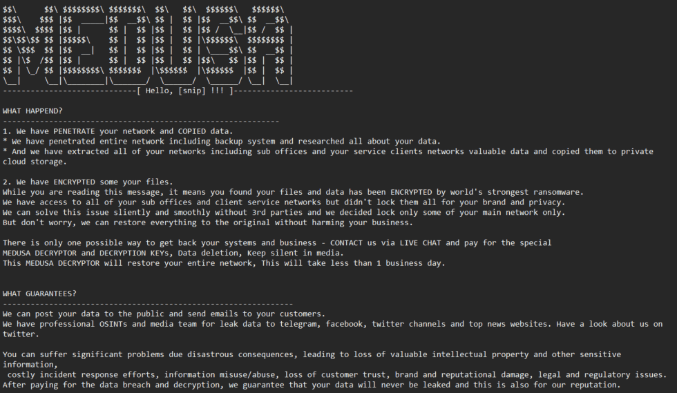 Partial Medusa ransom note. See the full note at Ransomware.Live