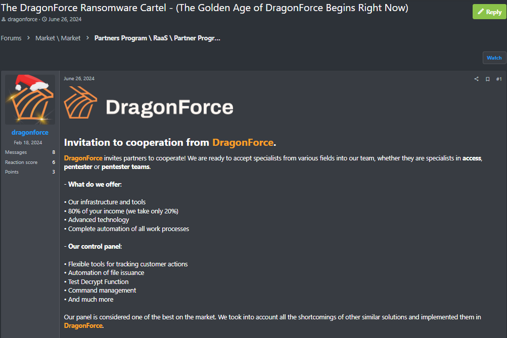 Post di reclutamento DragonForce RaaS su forum sotterraneo, tramite Specops