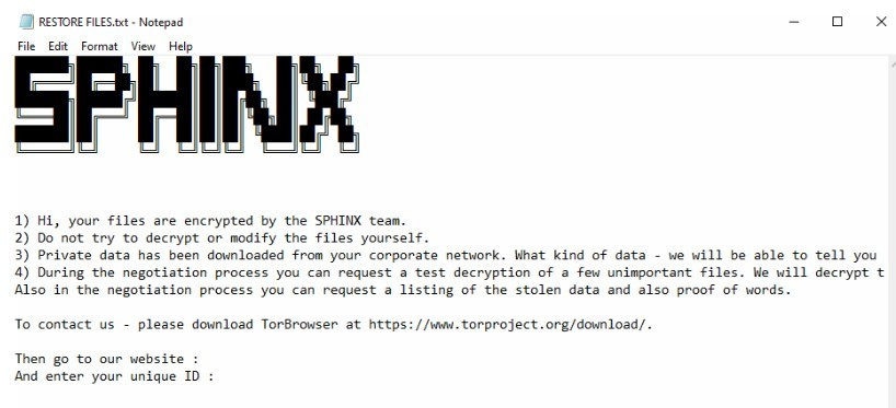 Sphinx nota di riscatto, via Trend Micro