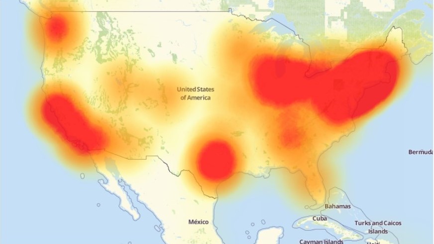 Down Detector map showing outages from the botnet attack on Dyn DNS