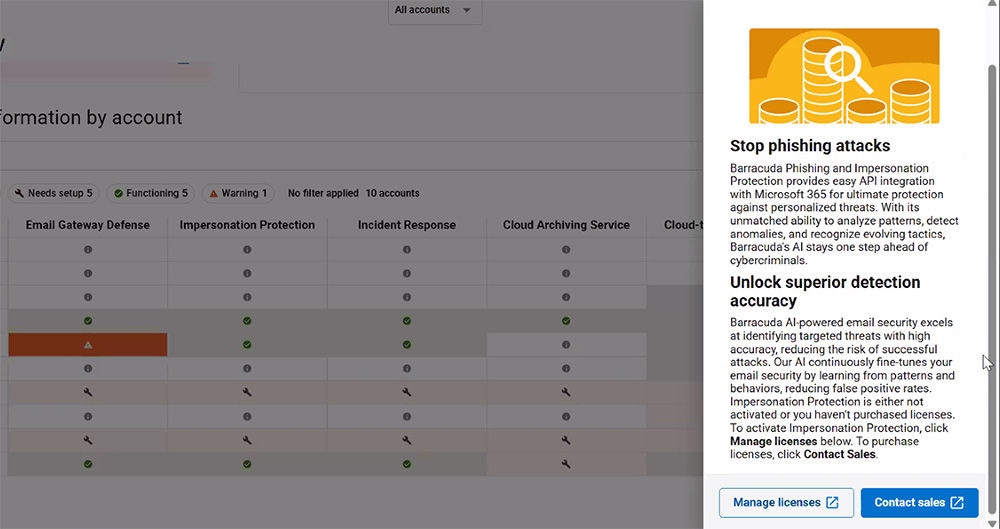 Vista del cruscotto dell'avviso di licenza mancante per Email Gateway Defense (sinistra) e delle opzioni di licenza disponibili per gli MSP (destra). I clienti che non sono MSP avrebbero l'opzione di avviare una prova gratuita in questa funzione.