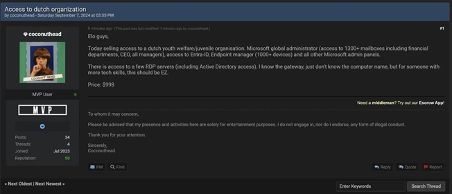Microsoft Entra ID access posted for sale in a criminal forum, September 7, 2024, via Dark Web Informer