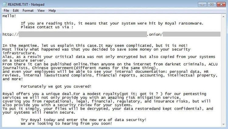 Royal ransomware note to DCAD