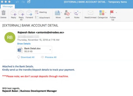 Email di phishing iniziale di Cl0p che consegna un documento con macro abilitate