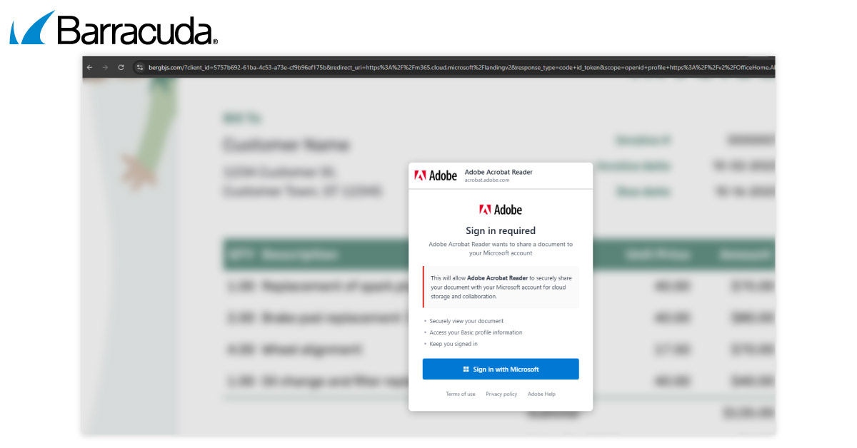 A fake Adobe Acrobat Reader consent dialog overlaid on a blurred background document