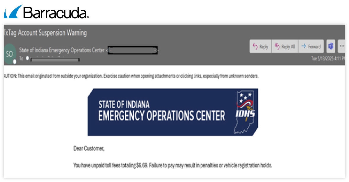 Esempio di un'e-mail di phishing che impersonifica un'agenzia di pedaggio