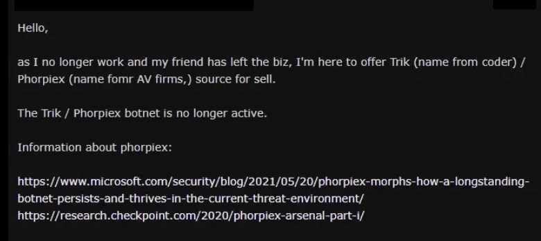 Partial screenshot of forum post advertising sale of phorpiex