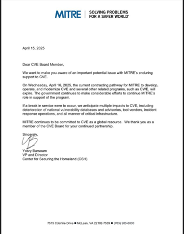 MITRE letter about CVE program funding