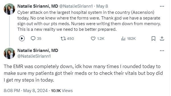 Tweet from Natalie Sirianni, MD, Ascension healthcare system