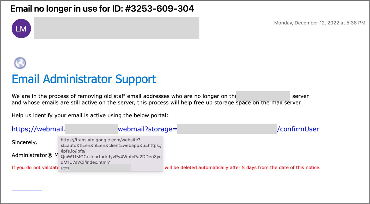 example of a phishing attack using Google Translate link