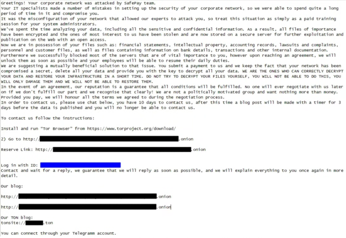 Richiesta di riscatto SafePay, tramite DCSO 