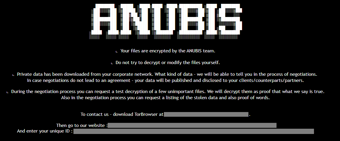 Nota di riscatto Anubis, via Trend Micro