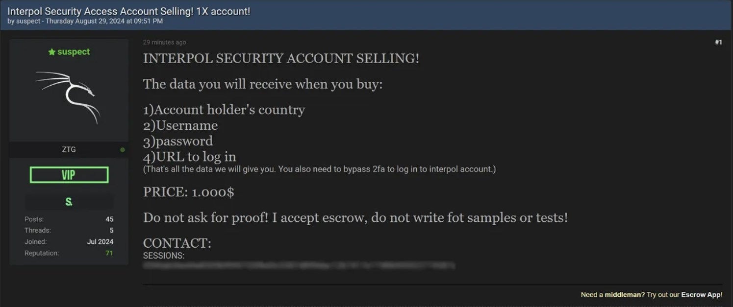 Threat actor selling Interpol credentials, warning of two-factor authentication