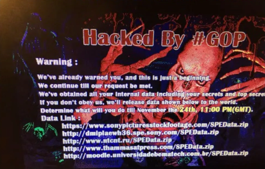 Una foto di uno schermo che mostra quella che apparentemente è la pagina iniziale del teschio che è apparsa sui computer della Sony quando l'attacco è iniziato, pubblicata da qualcuno che ha detto di essere un ex dipendente della Sony a cui l'immagine è stata inviata da attuali dipendenti Sony. L'immagine è stata pubblicata per la prima volta su Reddit. Via Wired.