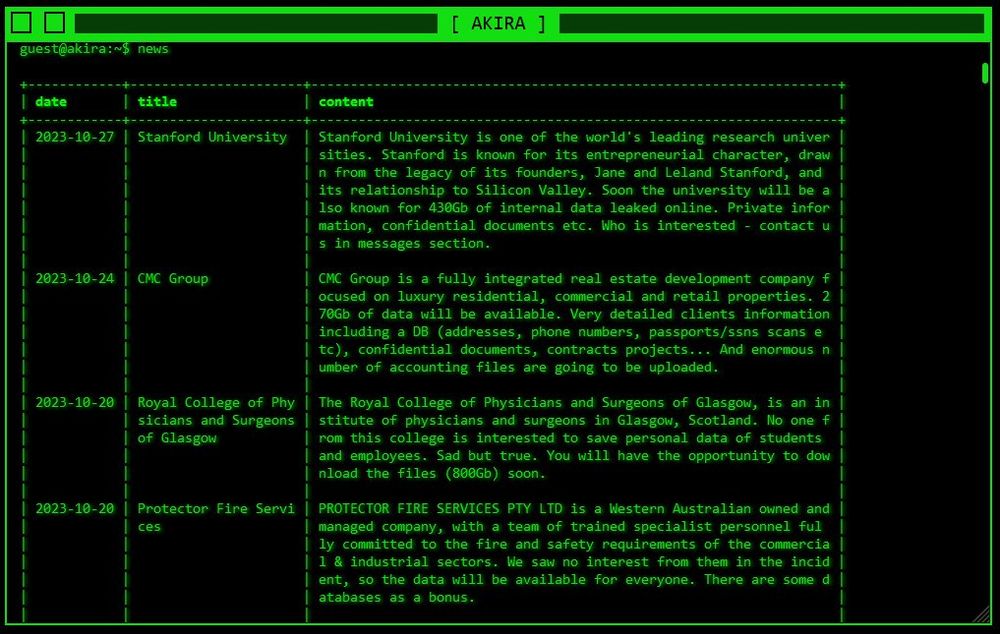 Akira leak site with Stanford University listed at the top, via Bitdefender. 