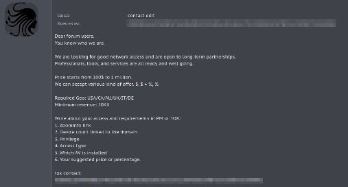 Medusa post on cybercrime forum requesting "good network access" for targets in "USA/CA/AU/UK/IT/DE"