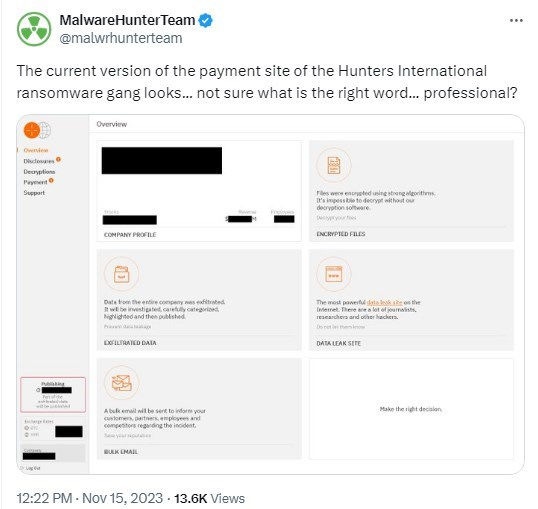 Hunters International Leak Site