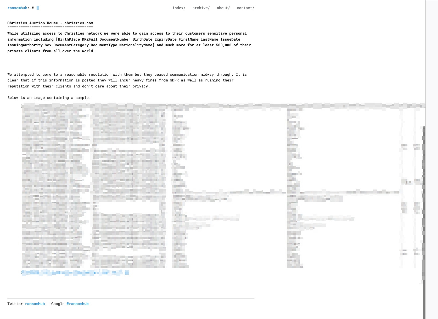 Christie’s Auction House data for sale, via Brett Callow 