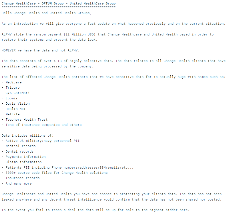 RansomHub demands payment from Change Healthcare