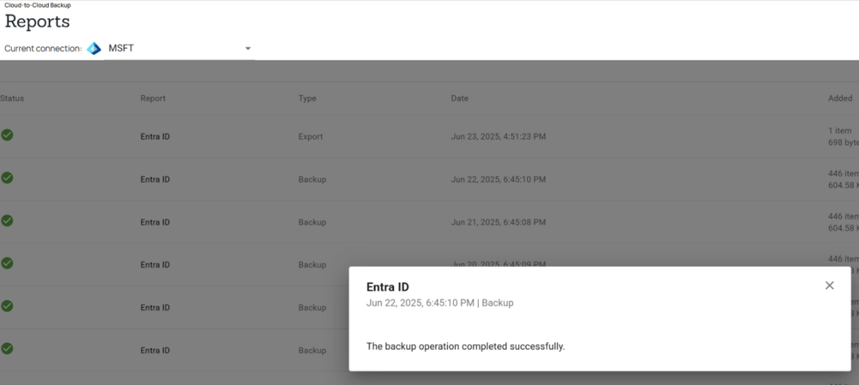 Barracuda Entra ID Backup Premium – Notifica di backup riuscito