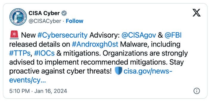 FBI and CISA issue joint cybersecurity advisory on androxgh0st