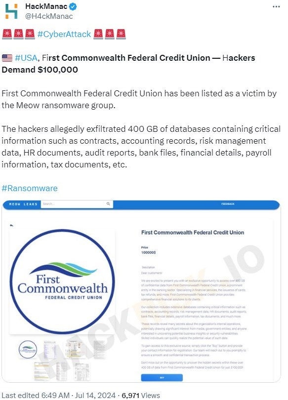 Meow ransomware lists First Commonwealth Federal Credit Union on its leak site