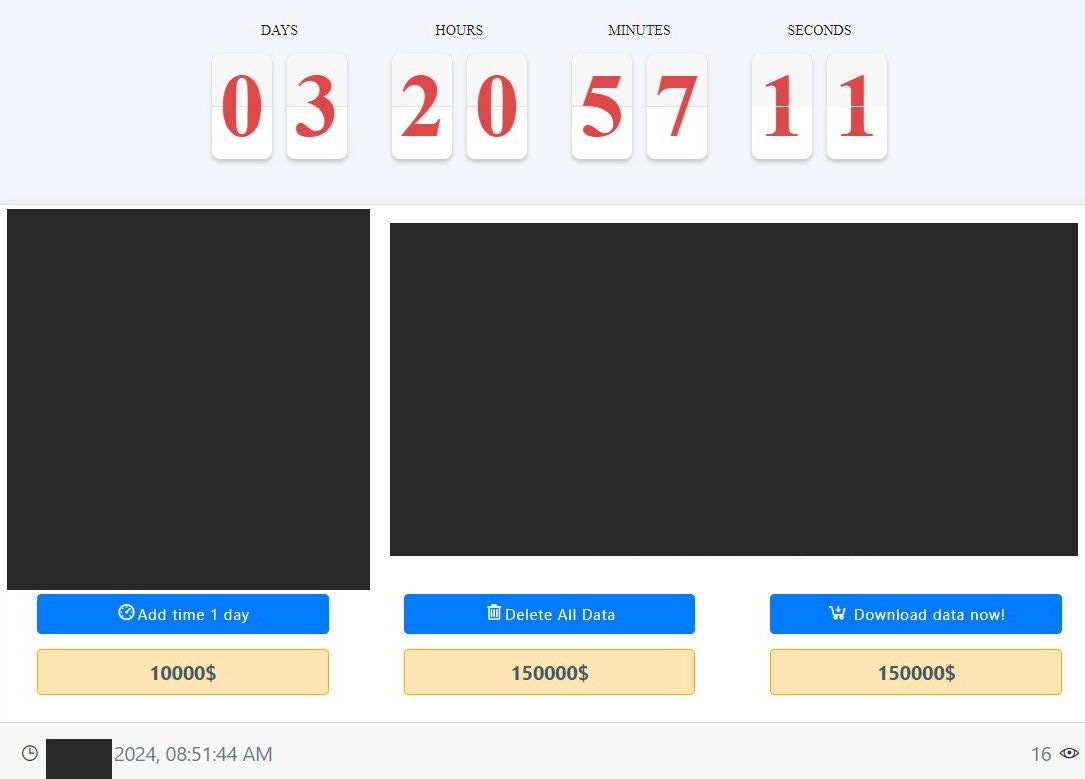 Medusa blog post showing victim information (redacted), countdown timer, and menu of options
