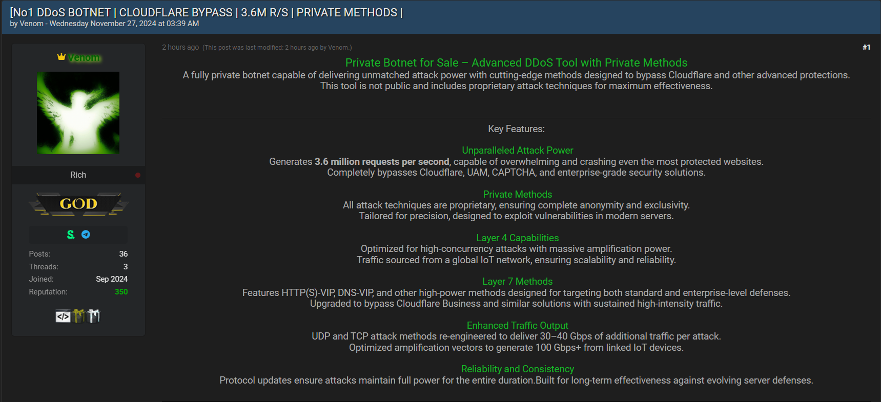 Breachforums post advertising the sale of a private botnet with advanced DDoS capabilities 