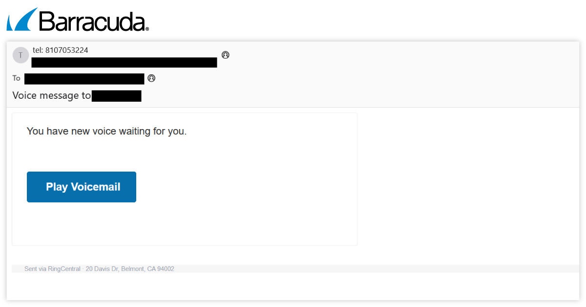 E-mail di phishing che impersona la notifica della casella vocale di RingCentral