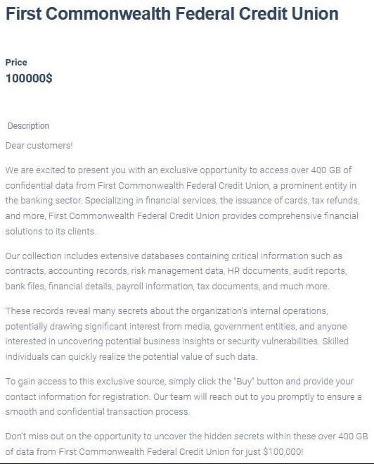 Text description of the First Commonwealth leak