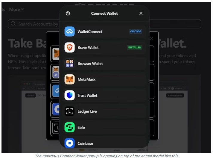 Illustrazione - Popup di drenaggio del portafoglio di criptovalute progettato per rubare asset dal portafoglio di un visitatore
