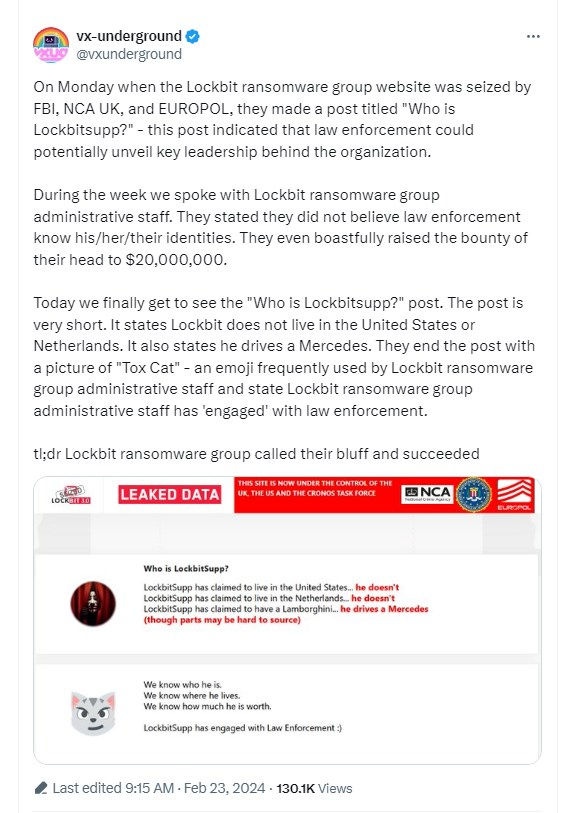 VX Underground posts LockBit resonse to FBI identity claims VX Underground posts LockBit resonse to FBI identity claims