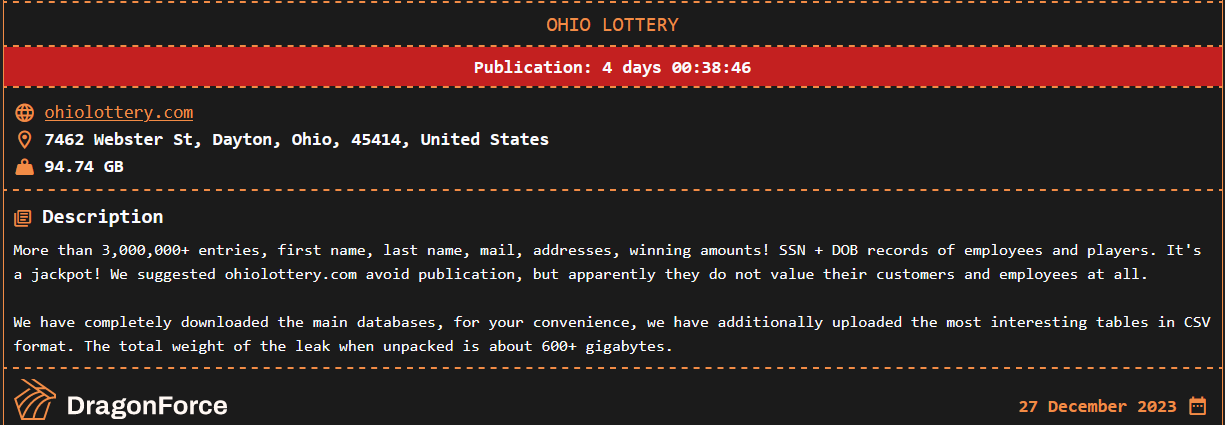 La lotteria dell'Ohio è pubblicata sul sito di leak DragonForce, tramite FalconFeeds.