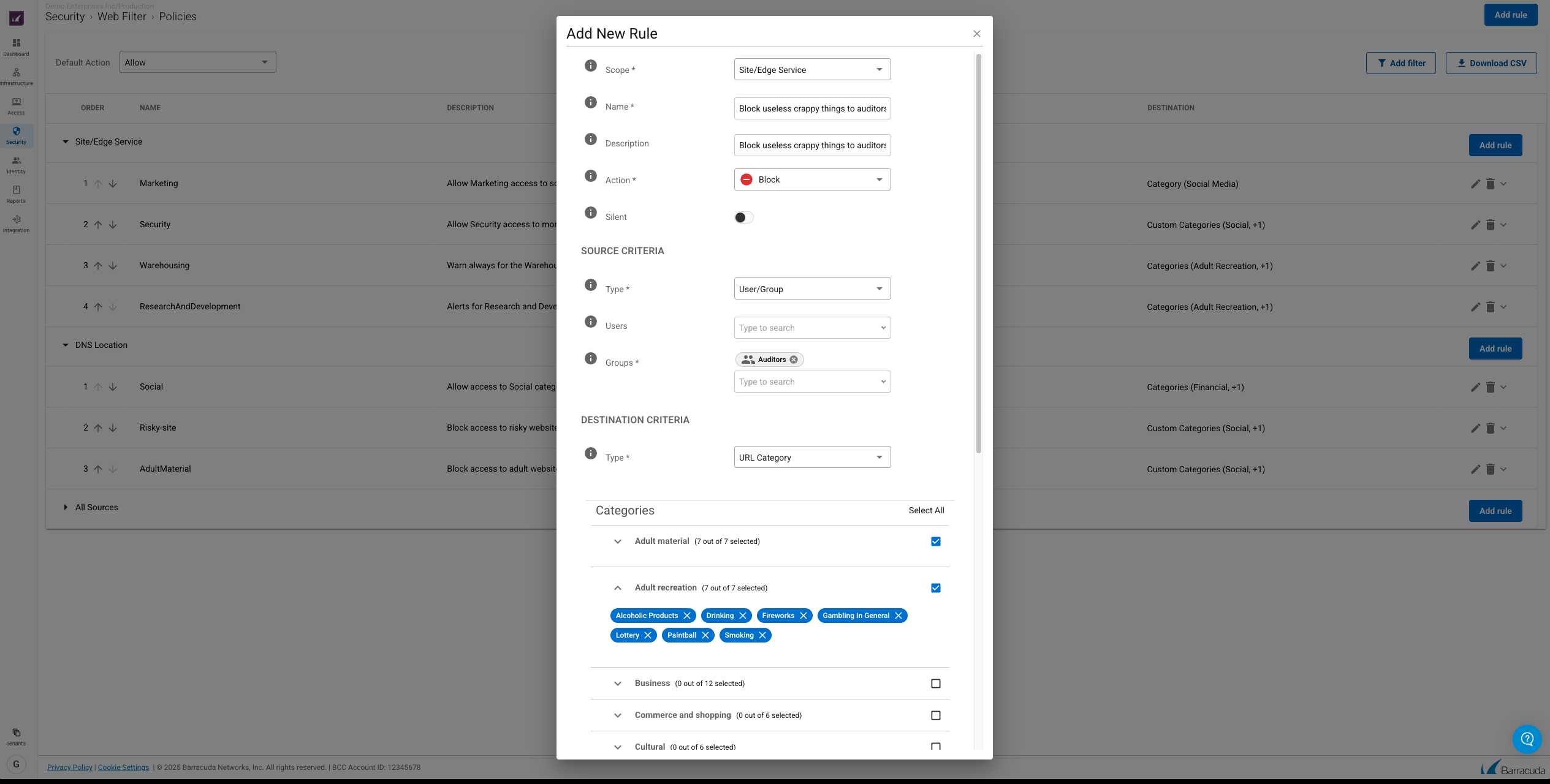 Interfaccia delle nuove regole del filtro web Barracuda