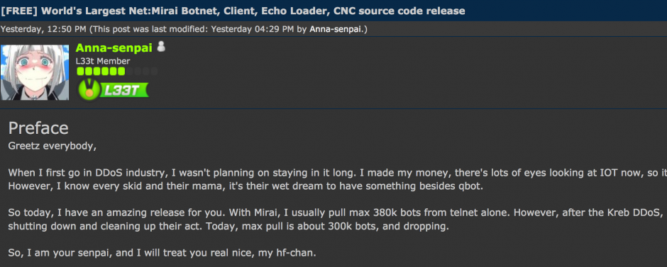 Mirai source code leak on Hackforums, via KrebsOnSecurity
