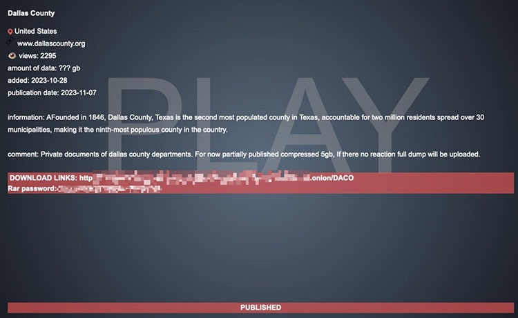 Play ransomware publishes links to Dallas County files