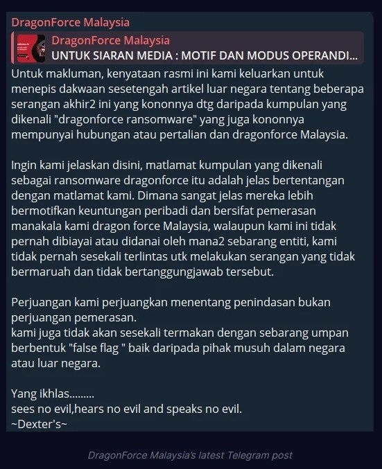 Post ufficiale sul canale Telegram di DragonForce Malaysia riguardante il ransomware DragonForce, tramite SOCRadar