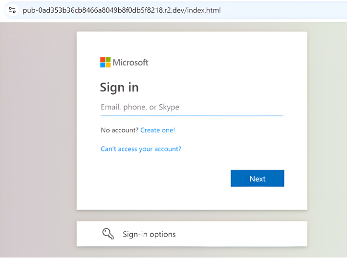 Example of fake Microsoft login page