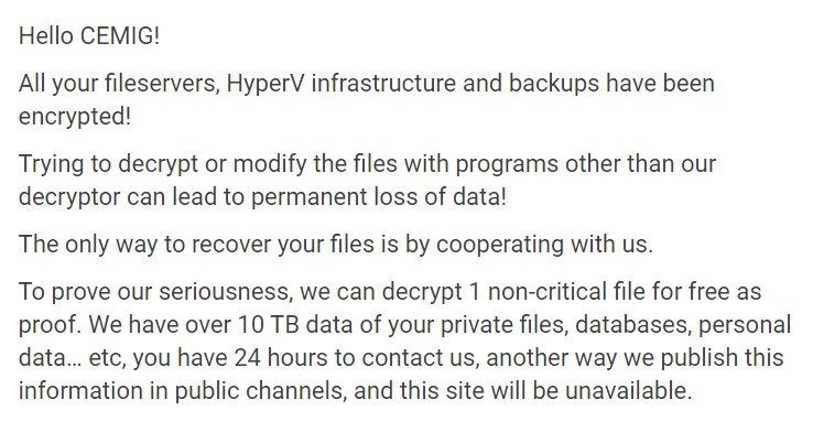 Partial ransom note left for CEMIG, via MalwareBytes
