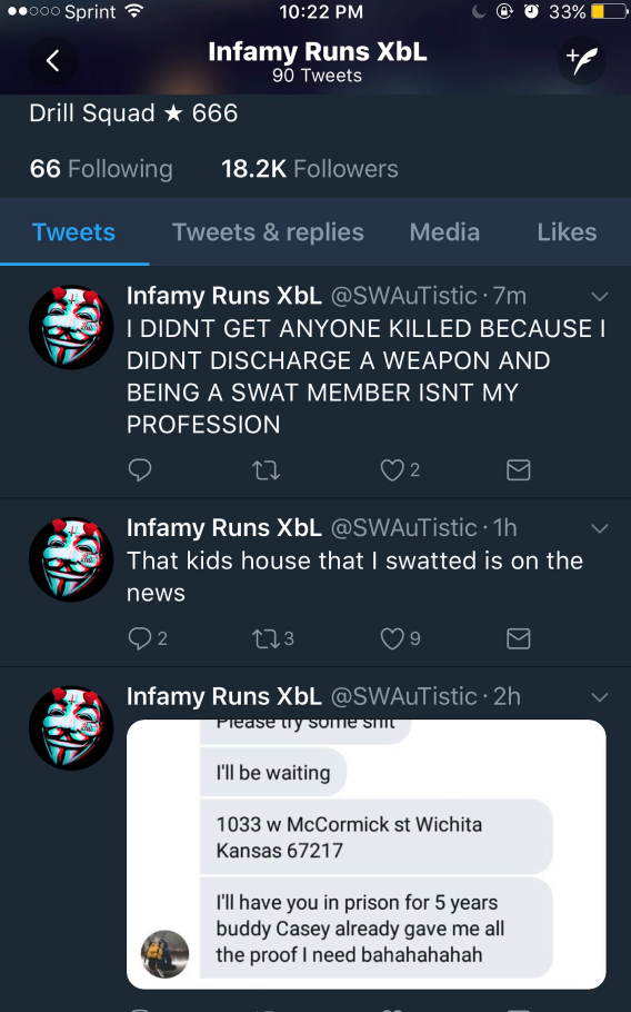 Tyler Barris twitta durante l'attacco SWAT a Finch, tramite Krebs on Security